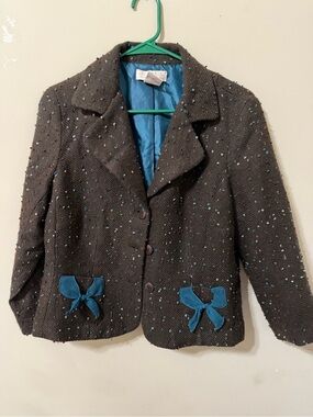 jonathan martin Anthropologie Brown Tweed Jacket with Teal Satin Lining 10 chic